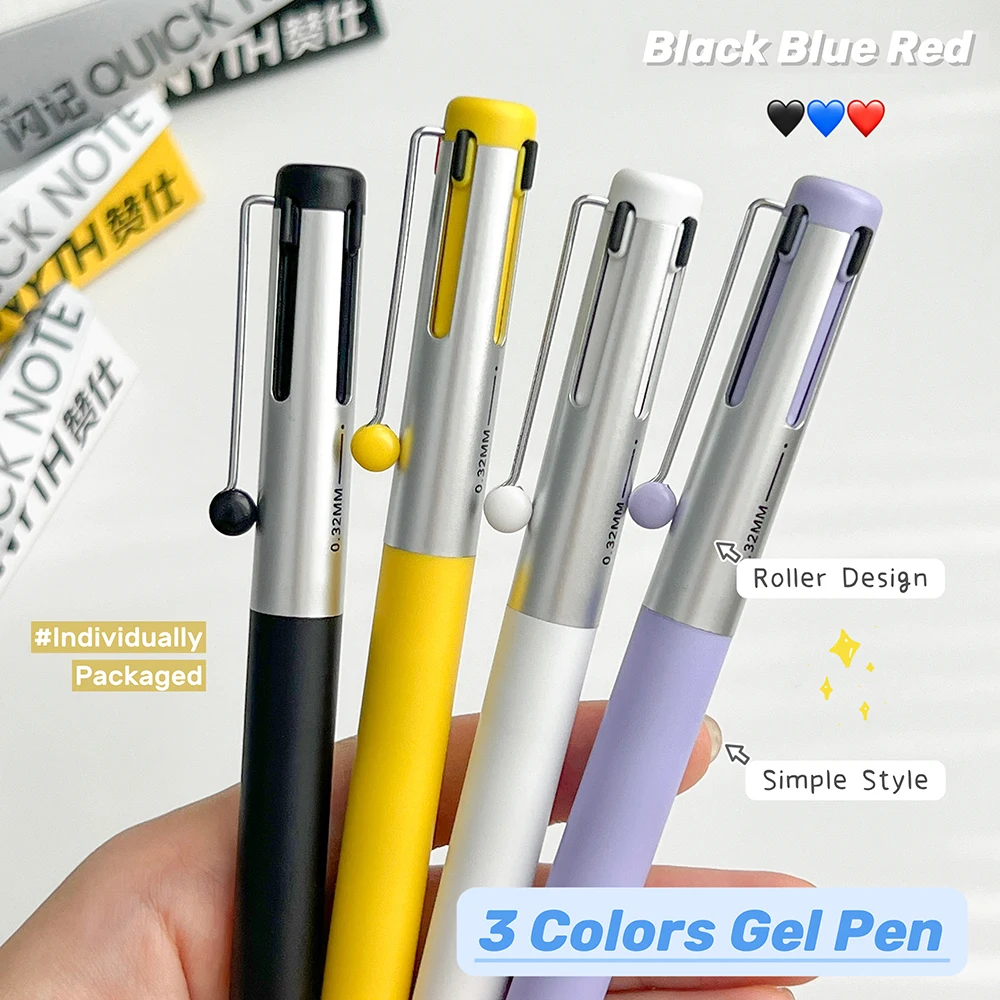 1Pc 3 Color Gel Pen 0.5mm Simple Quick-Drying Pen Portable Black Red Blue Writing Pen Study & Office Dedicated
