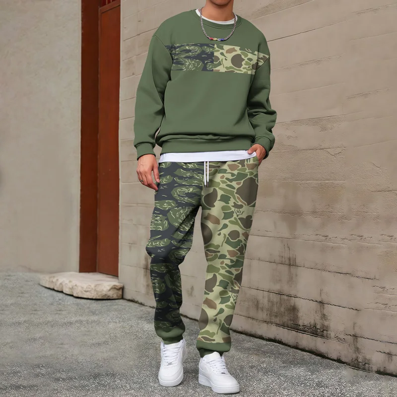 

Autumn and winter round-neck casual fashion stitching 3D camouflage sports suit 2025 cross-border new style