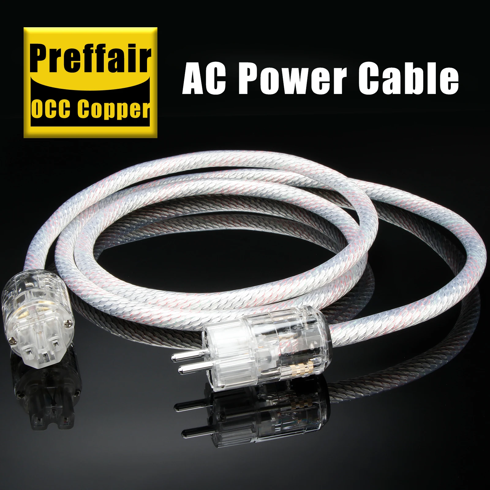 Preffair D512P029T EU/US Power Cord OCC Copper Silver Plated Supply Cord with Rhodium Plated Plug for Amplifier CD, Decoder