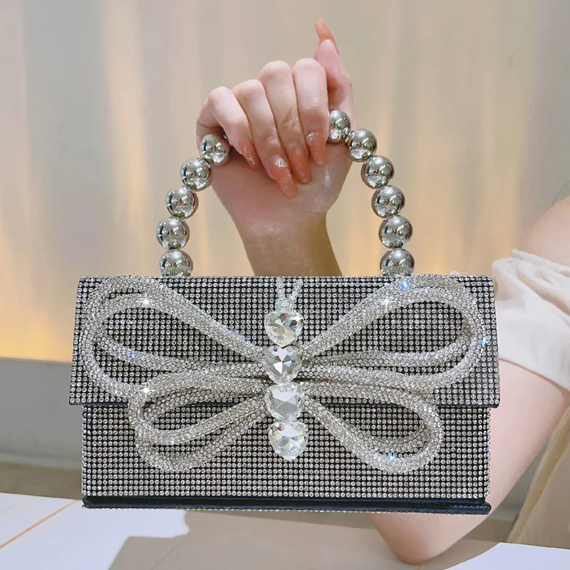 

Luxury Shiny Diamond Women Bag Retro Diamond Handbag Bowtie Dinner Bag Water Diamond Crossbody Bag Small Square Bag