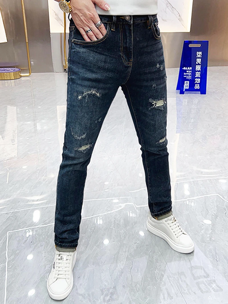 

Trendy Men's Jeans Autumn Fashion Slim Fit Hole Ripped Scratched Handsome Casual Long Pants mid Waist Zipper Straight Leg