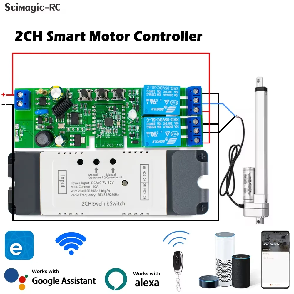 2CH EWelink WiFi Smart Relay Switch RF433.92MHz AC/DC7-32V 220V Garage Door Opener Actuator Motor Forward Reverse Control Alexa
