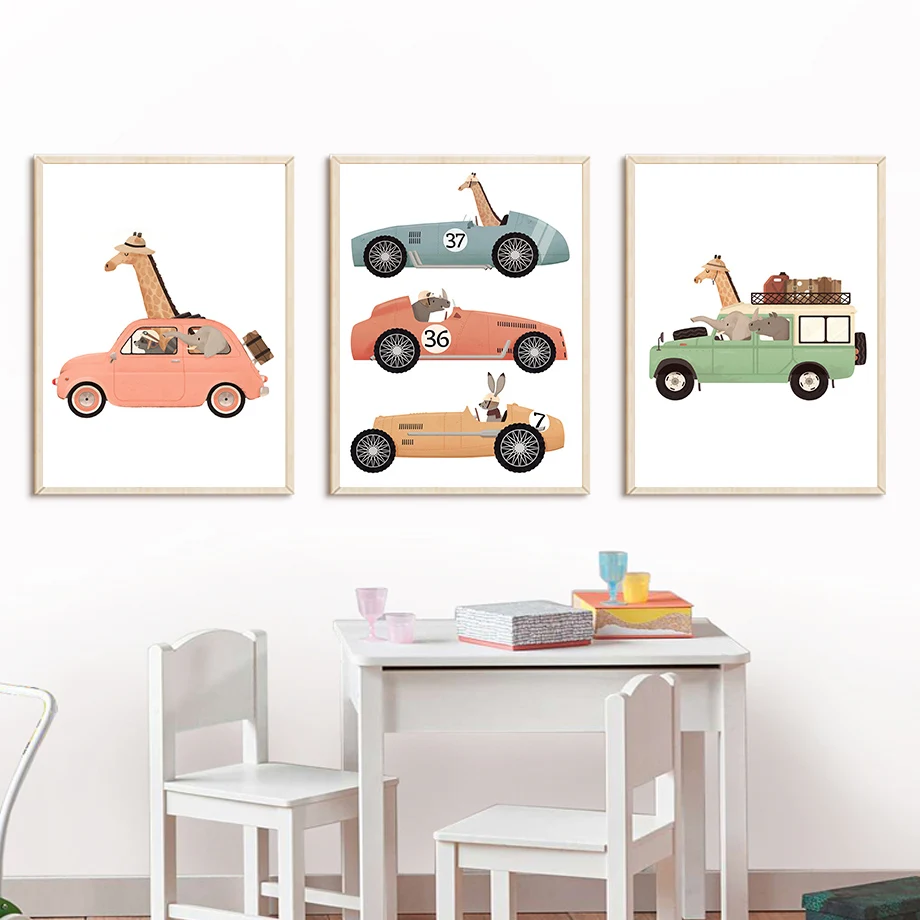 1pc Whimsical Safari Animals Driving Canvas Prints Poster Funny Elephant Giraffe Prints Kid's Room Nursery Wall Art Home Decor