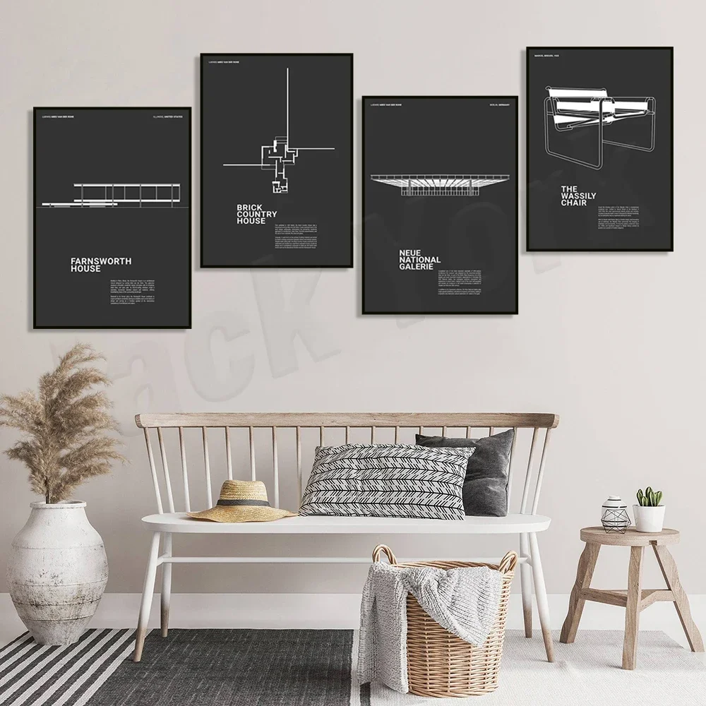 Farnsworth House، Ludwig Mies van der Rohe، Neues Nationalgalerie Berlin، ملصق معماري كلاسيكي أبيض وأسود، Bauhaus