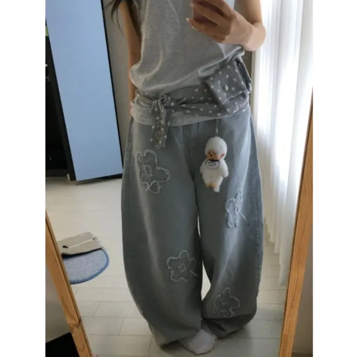 

Retro Washed Embroidered Wide Leg Jeans High Waist Long Pants Casual Style Cotton Denim Skinnier Flared Hem Floral Trimmed
