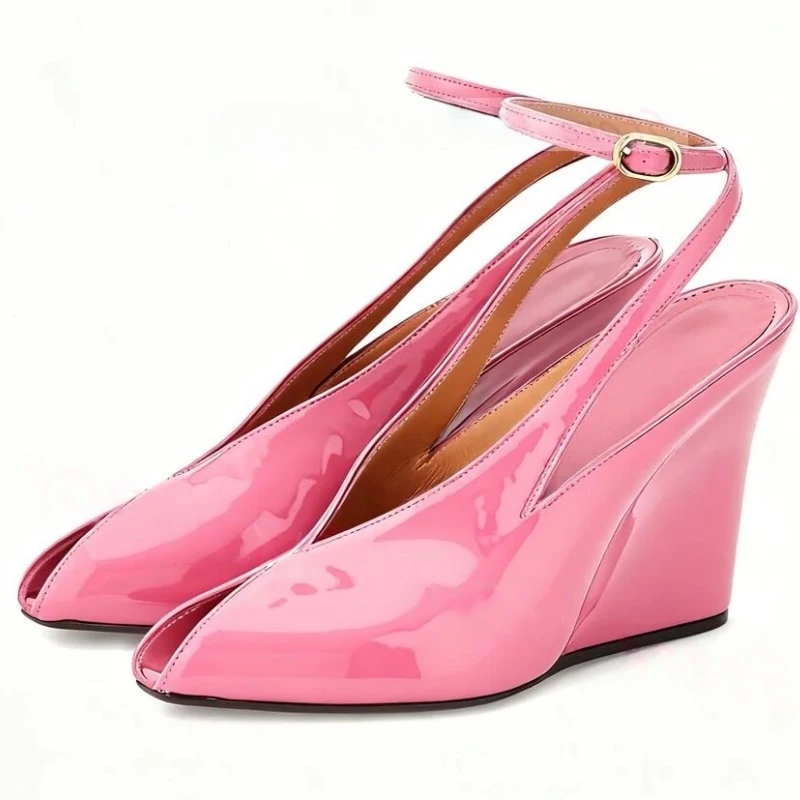 Deep V Pointed Toe Wedge Shoes Pink Black Patent Leather Ankle Strap Cutouts Women Strange Heels Pumps