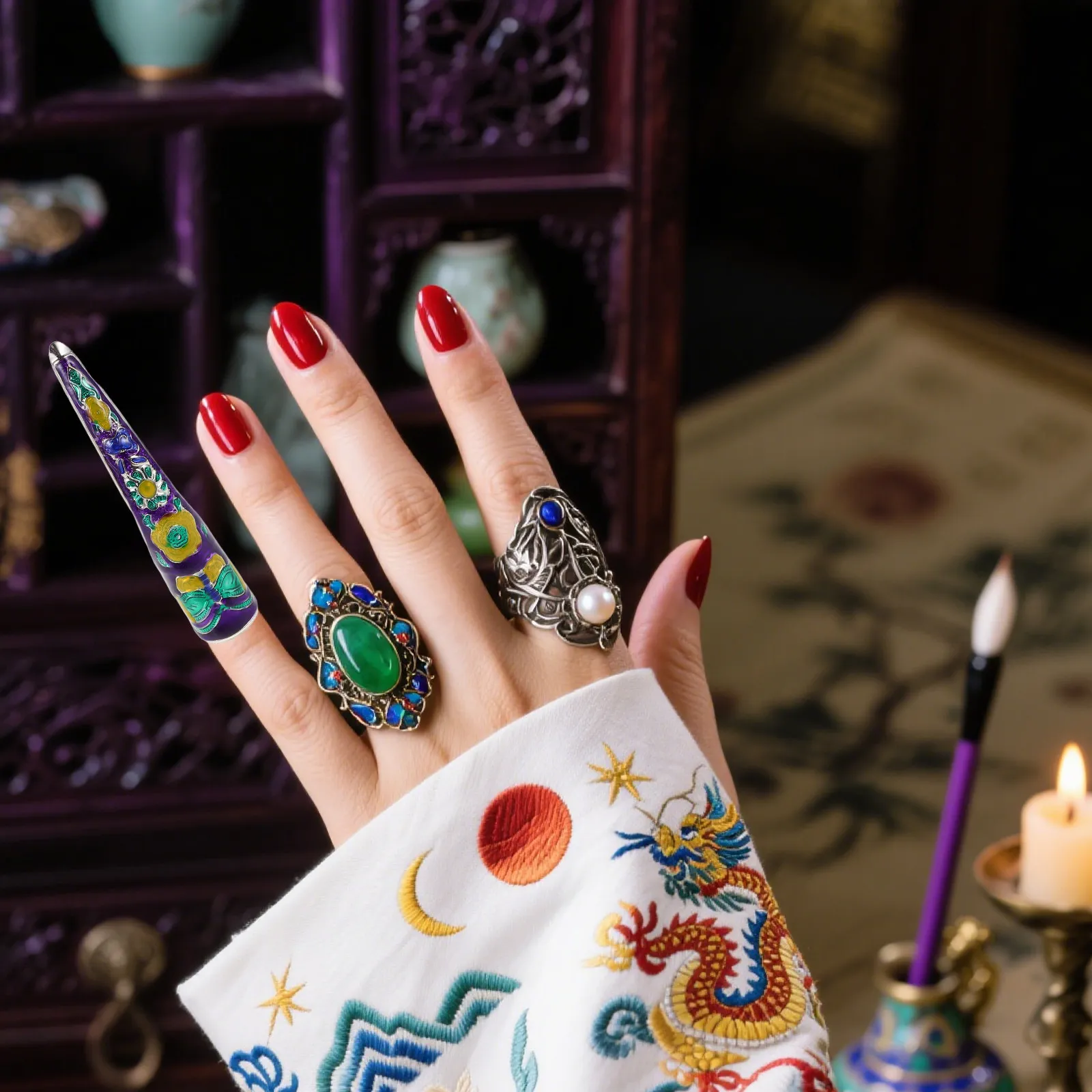 

2 шт. Накладные ногти в стиле Древней Королевы, ручная работа, съемные, для косплея, танцев, маскарада, Хэллоуина