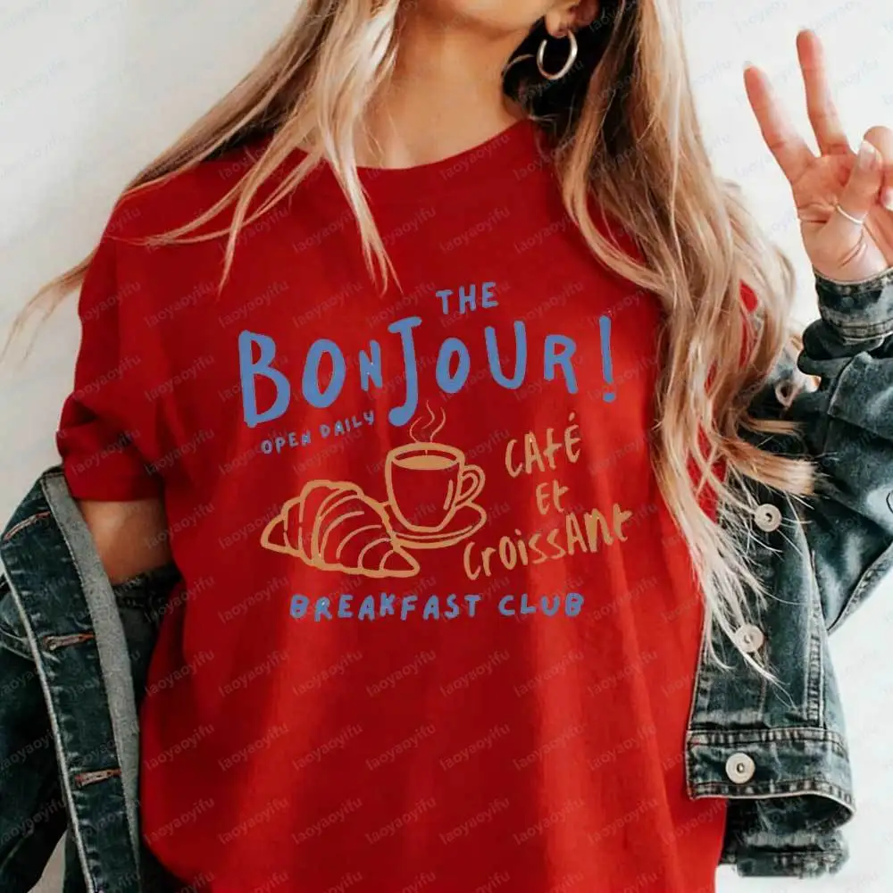 Women's Bonjour Cafe Et Croissant T-Shirt Breakfast Club French Graphic Cotton Tshirt Summer Aesthetic Parisian Food Lover Tops view 5