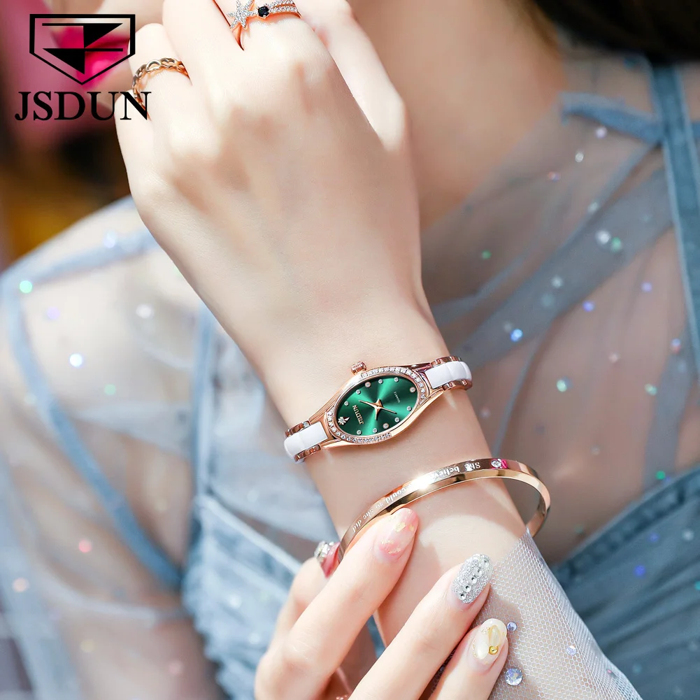 JSDUN 8842 Quartz Women Watch Luxury Diamond Scale Simple Waterproof Watch For Women Ceramic Steel Strap Ladies Dress Wristwatch