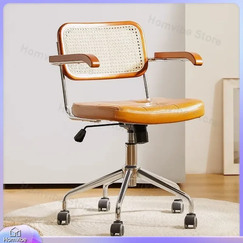 Rattan Solid Wood Office Chair Japanese Retro Swivel Desk Chair for Home Bedroom Study Computer Gaming Student Ergonomic Lift