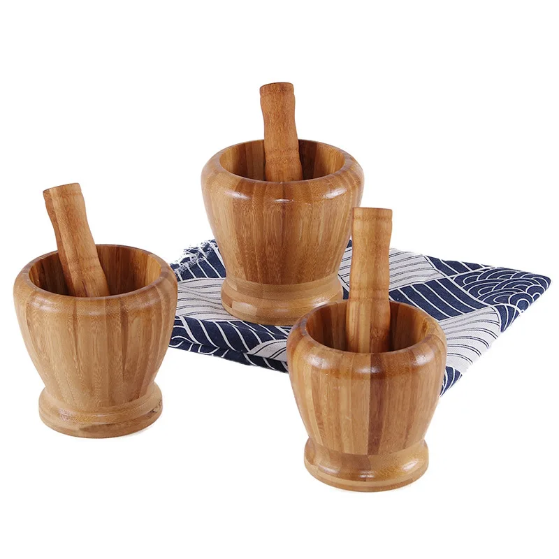 Bamboo Wood Mortar and Pestle Set with Lid Spoon Grinder Press Crusher Masher for Pepper Garlic Herb Spice Kitchen Gadget Sets