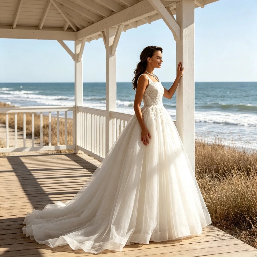 Customized Lace Square Neck Sleeveless A-line Wedding Dresses 2026 Sheer Floral Decal Fluffy Bridal Gown Suitable for Parties