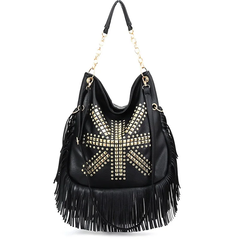 Large Capacity Rivets Shoulder Bag For Ladies Fashion Tassel Zipper Design Mini Bag PU Leather Lovely Girl Chain Bags H086