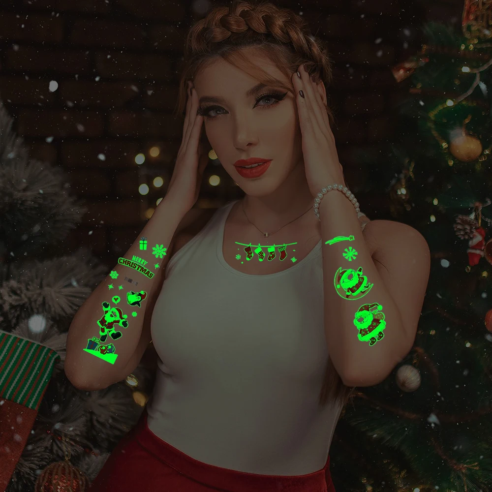 وشم مؤقت لعيد الميلاد المتوهج-سانتا كلوز، ساعة، شجرة، تصميم رجل الثلج لتزيين الوشم على شكل رسوم للجسم، حفلة دعائم عيد الميلاد #3