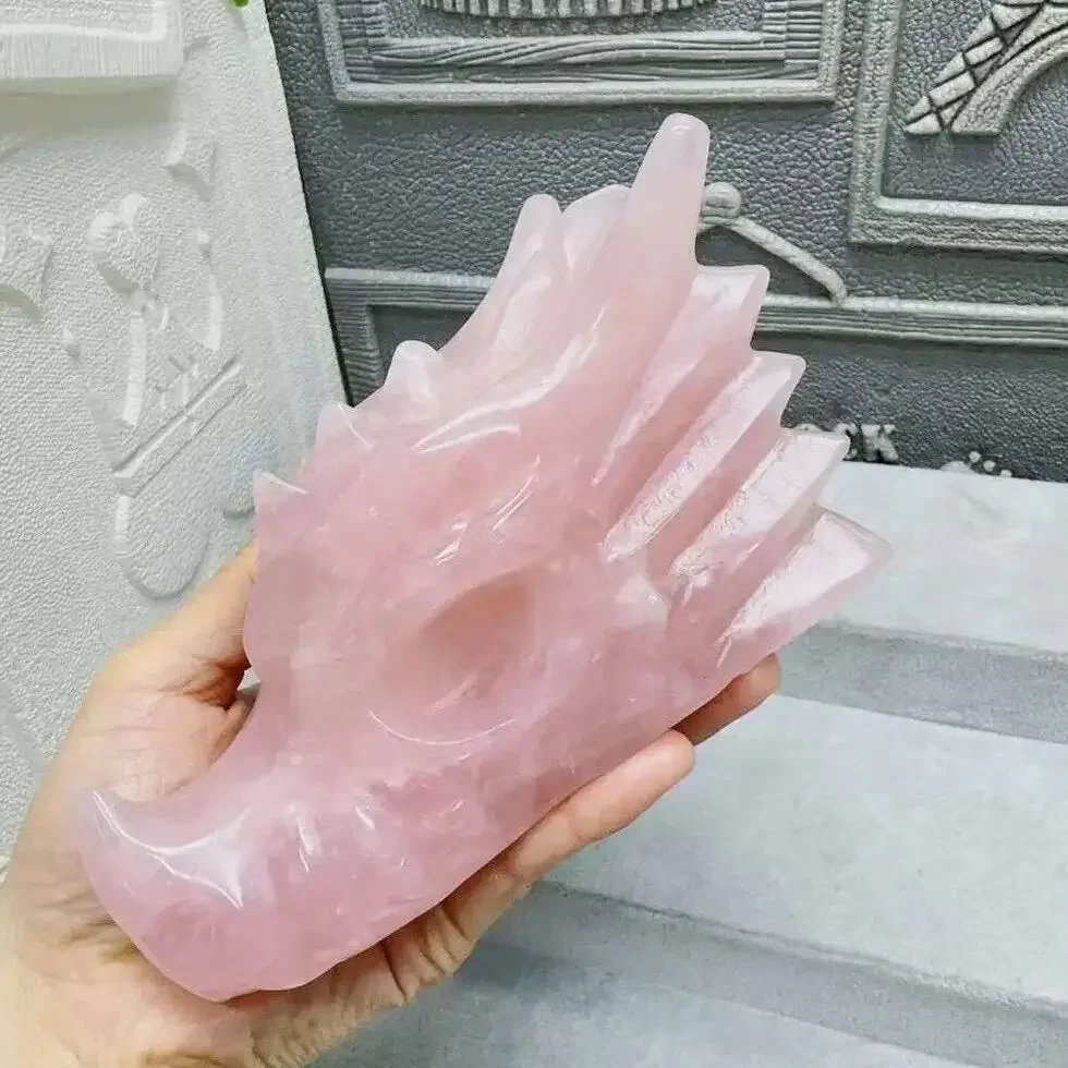 Magical Natural Rose Quartz Carved Dragon Head Pink Crystal Dragon Head Reiki Restoration Stone Home Office Degaussing Decoratio