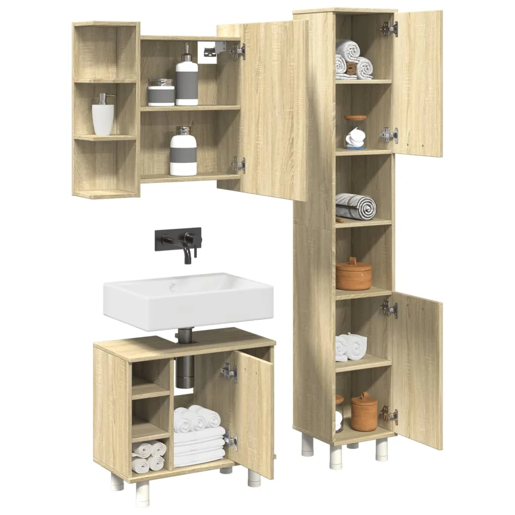 3-teiliges Badezimmermöbel-Set aus Sonoma-Eiche, modernes Design, stilvoller Badezimmer-Aufbewahrungsschrank, robuste Struktur, Möbel-Sets