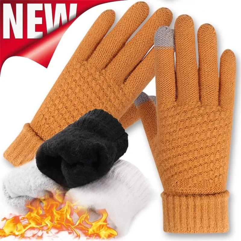 

Knitted Woolen Five Finger Gloves Autumn Winter Plush Pineapple Patterned Cold-proof Slide The Screen Riding Warm Wool Mittens