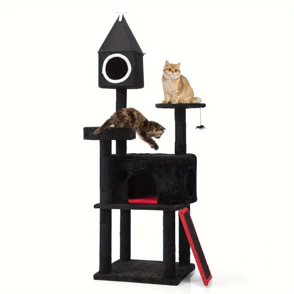 

64in Gothic Cat Tree with Coffin Bed Indoor Cat Tower w/ Condo Platform
