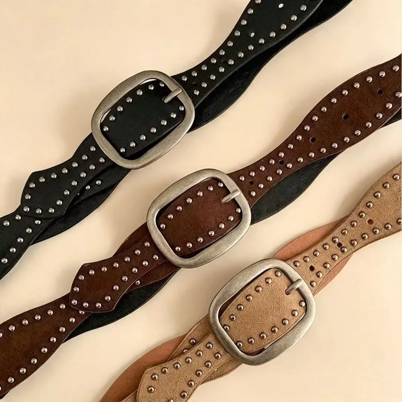 Suede Western Style Rivet Decorative Belt, Retro Vintage Wide Version Belt, Female Niche Punk Style Belt