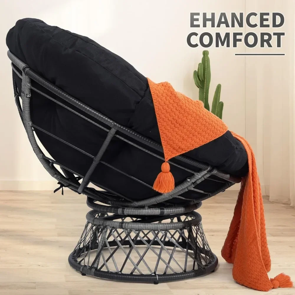 Oversized Rattan Papasan Chair with Cushion and Frame for Adults, Fluid 360° Swivel, Waterproof