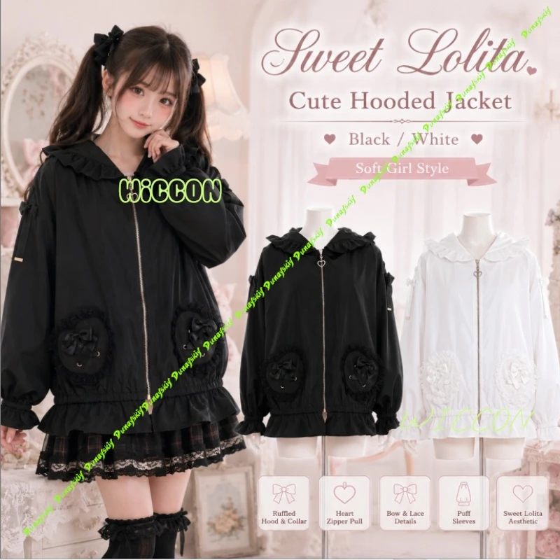 Autumn New Lolita Hooded Jacket Lace Love Pendant Bow Pleated Mesh Long Sleeve Sunscreen Coat For Women
