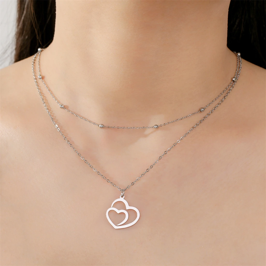 Eueavan Hohl Doppel Herz Halskette Für Frauen Edelstahl Romantische Liebe Symbol Anhänger Kette Engagement Schmuck Geschenk – Detail 18