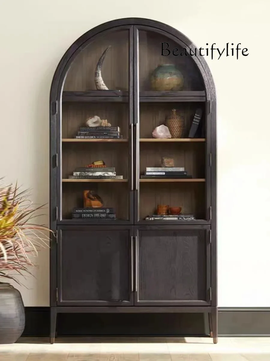 أثاث منزلي جميع العناصر الأمريكية الخفيفة الفاخرة الخشب الصلب خزانة جانبية الشمال باب زجاجي مقوس أسود ديكور فرنسي ريترو واي فاي
