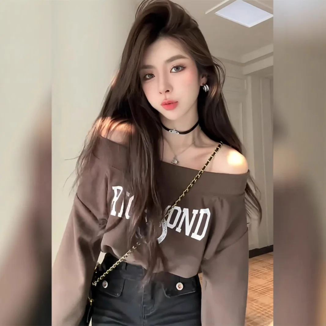 

Early Autumn Atmosphere Wearing A One-word Off-the-shoulder Sweater Sweet and Spicy Loose Short Design Niche Top for Women