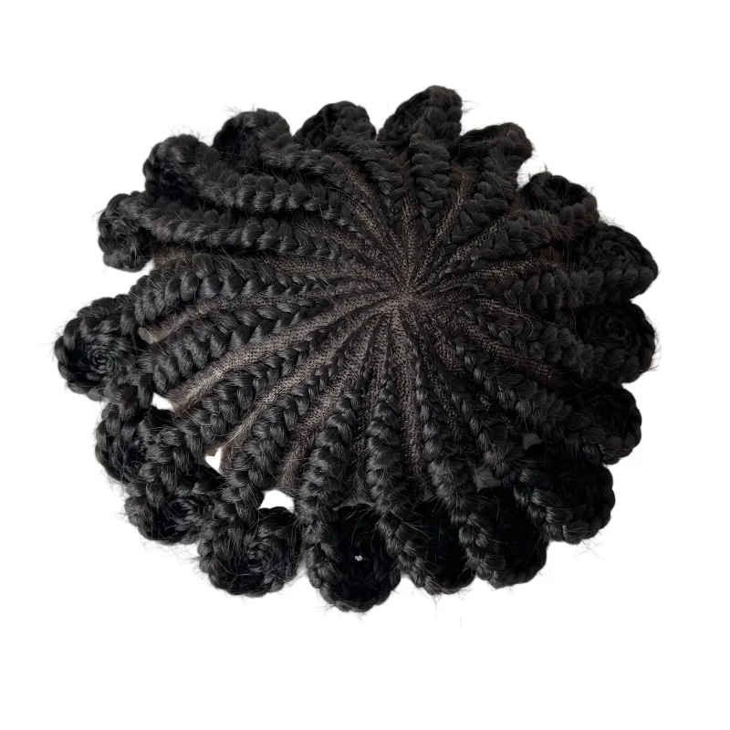 Fashion High Quality Hair Replacement #1 Jet Black Cornrow Braids Cake VER Toupee Mono with Front Lace Unit for Black Women