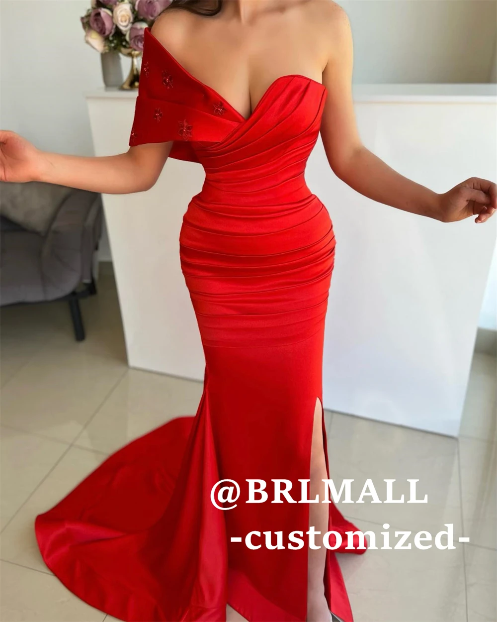 

BRLMALL Women's Sexy Satin Prom Dress with Floral Details - One Shoudler Sheath Evening Dresses - Summer Court Train Party Gown