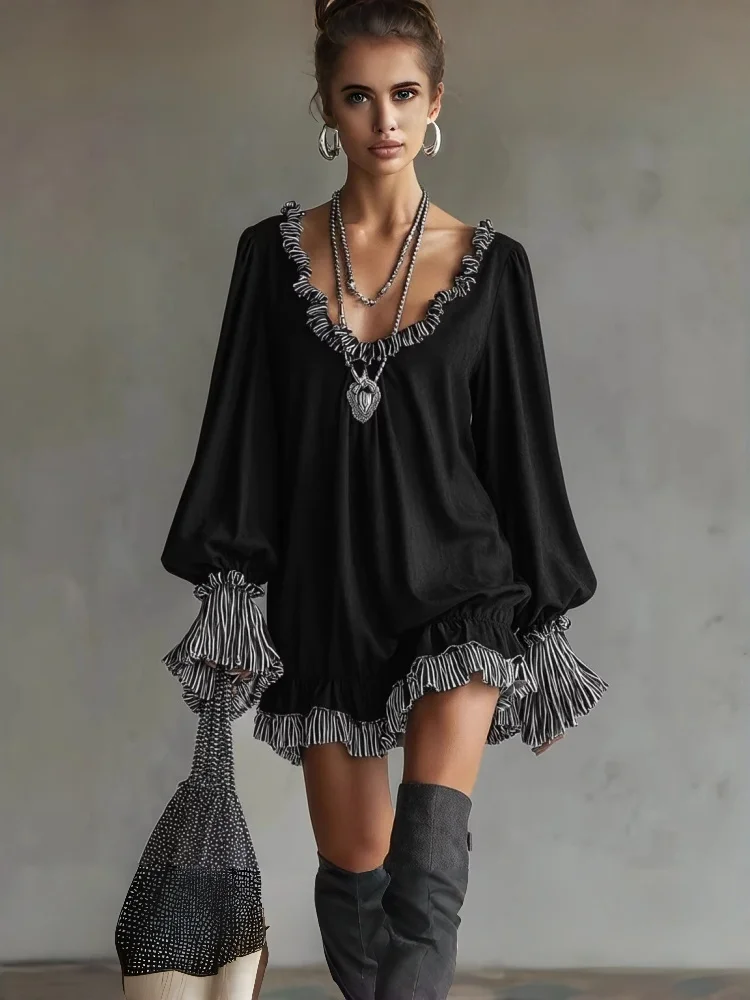 

Spring Autumn Casual Loose Mini Dress Women 2026 New Wood Ear V Collar Striped Patchwork Long Sleeve O neck Black Party Dress