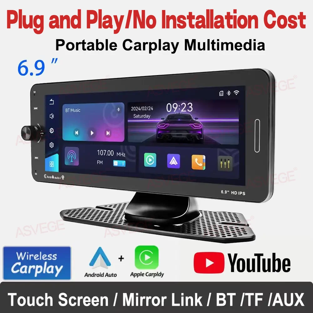 

6.9" Portable Radio Wireless CarPlay Android Auto with Physical Knob Touch Screen Bluetooth Mirror Link FM USB AUX US Warehouse