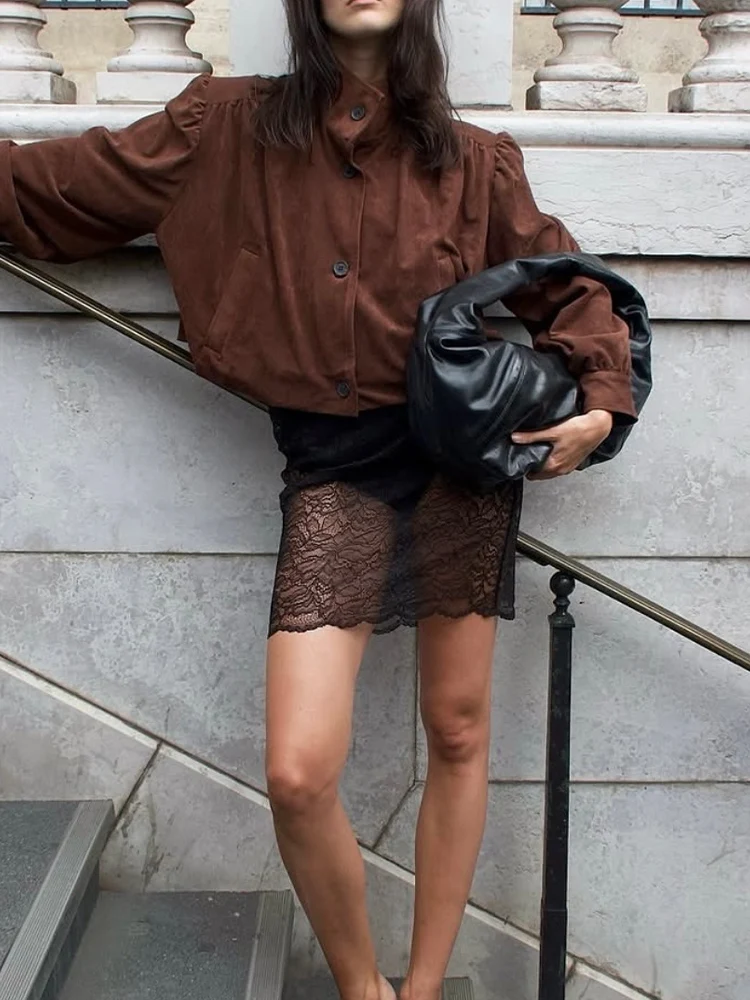 

European and American style autumn new women's casual temperament simple long-sleeved imitation suede pleated stand collar jacke