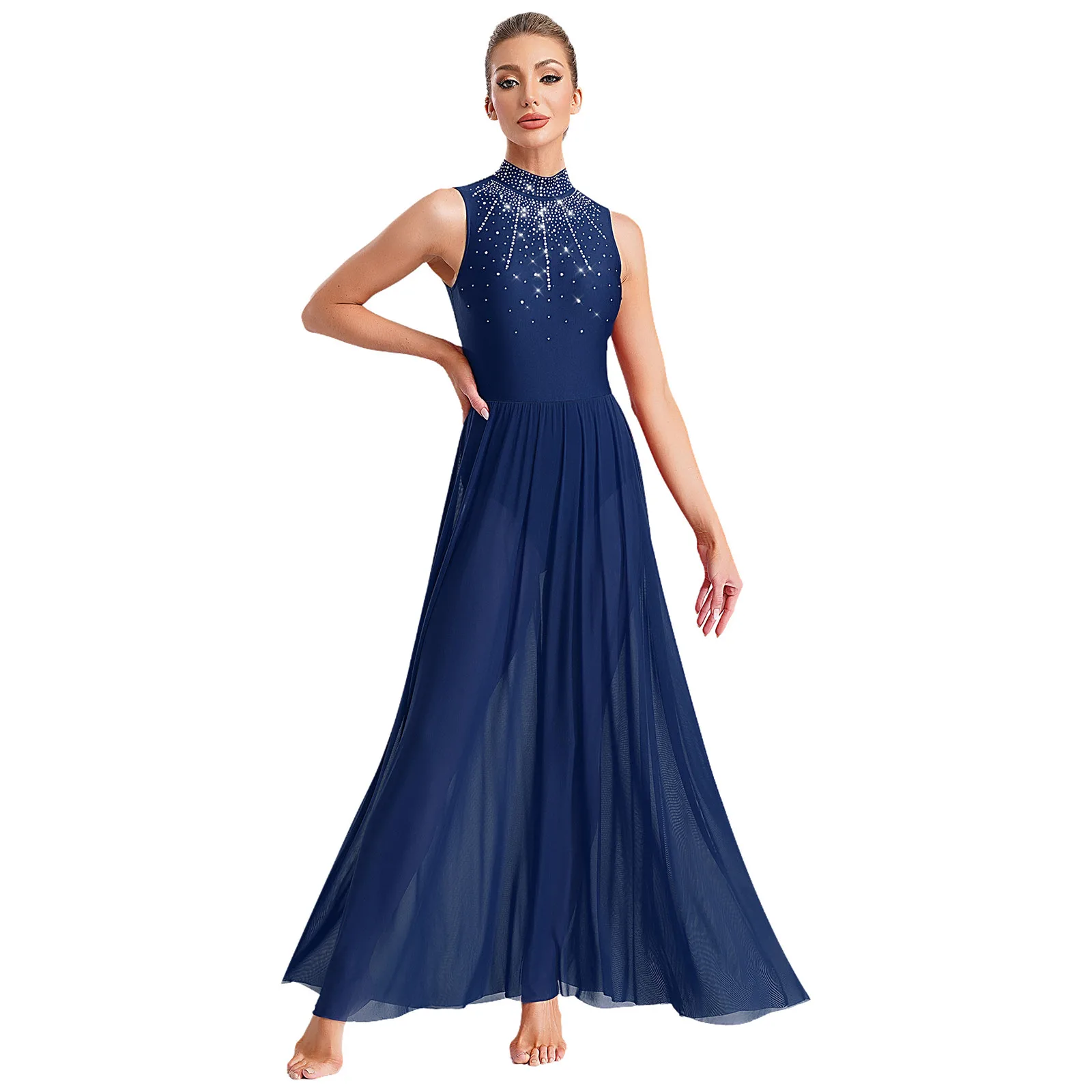 Long Lyrical Dance Dress for Women Leotards Bodysuits Modern Contemporary Dance Dress Rhinestones Wide Hemline Mesh Skirted