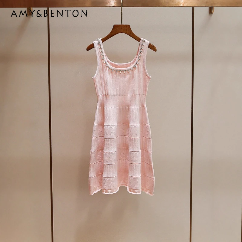 

2025 Autumn New Sweet Pink U-Neck Rhinestone Knitted Women's Sling Dress French Design Cute Slimming Sleeveless Dresses Ladies