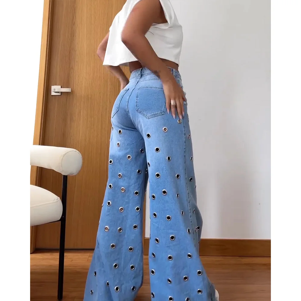 Calça jeans azul casual feminina, calças largas soltas, com design de moda, calça jeans, jeans buraco, streetwear, novo, Y2k, 2024