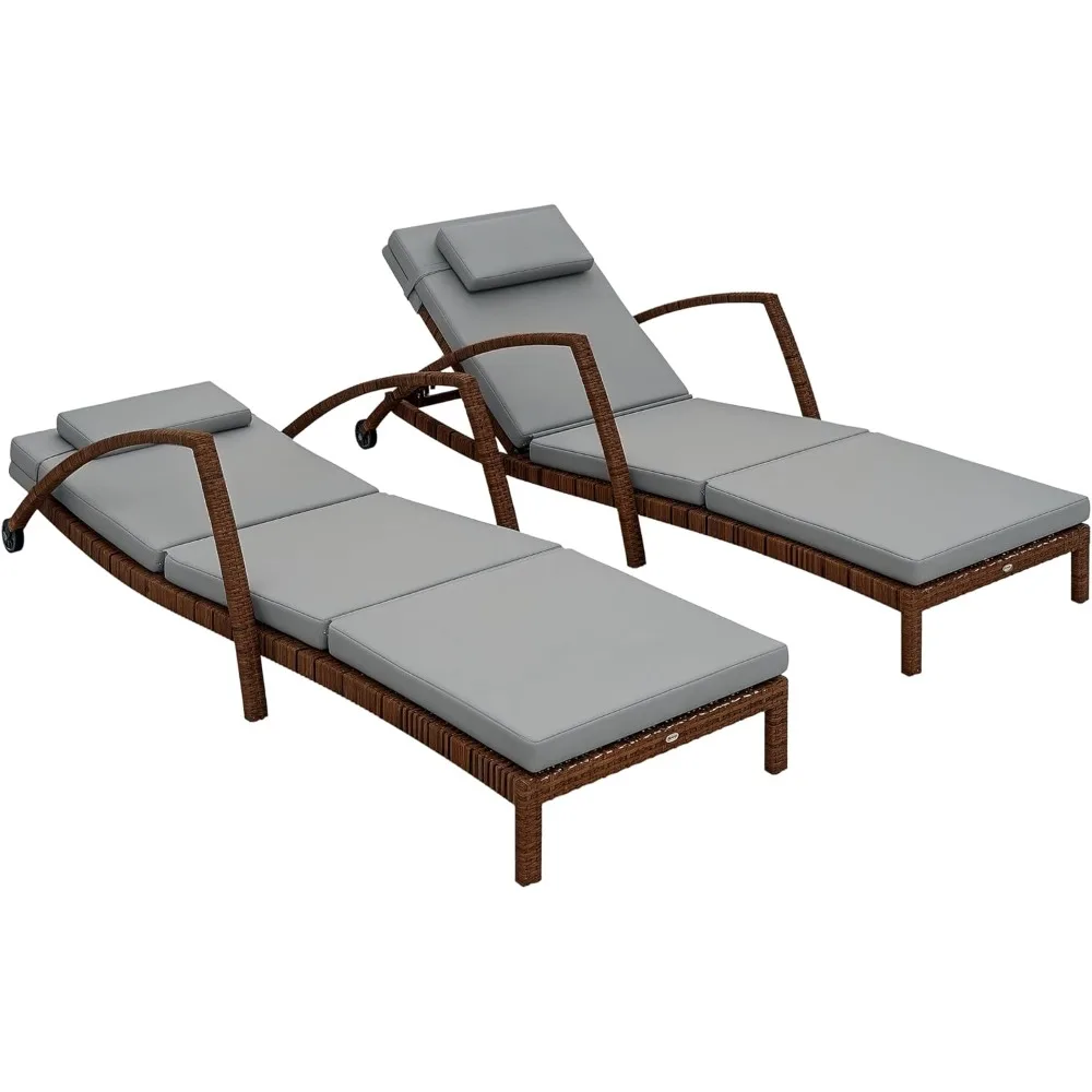 Wicker Chaise Lounge Chair Outdoor Set of 2, 5-Position Adjustable Reclining Pool Lounge Chairs with Wheels, Rattan Out