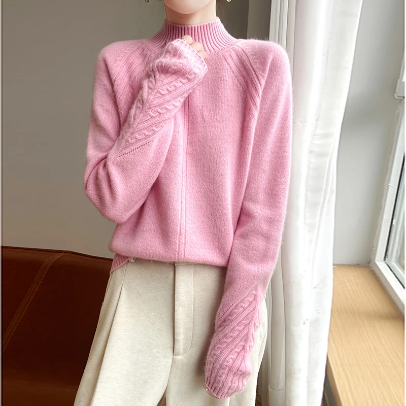 

Осень-зима, новый утолщенный женский вязаный свитер из 100% шерсти с узором подковы, жаккардовый свитер с длинными рукавами, полувысокий ленивый шерстяной свитер