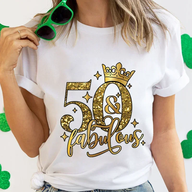 50 and Fabulous Tshirts 50th Birthday Funny Women T Shirts Hip Hop Vintage Tee Clothes Creativity Tops Womans Short Sleeve Tees