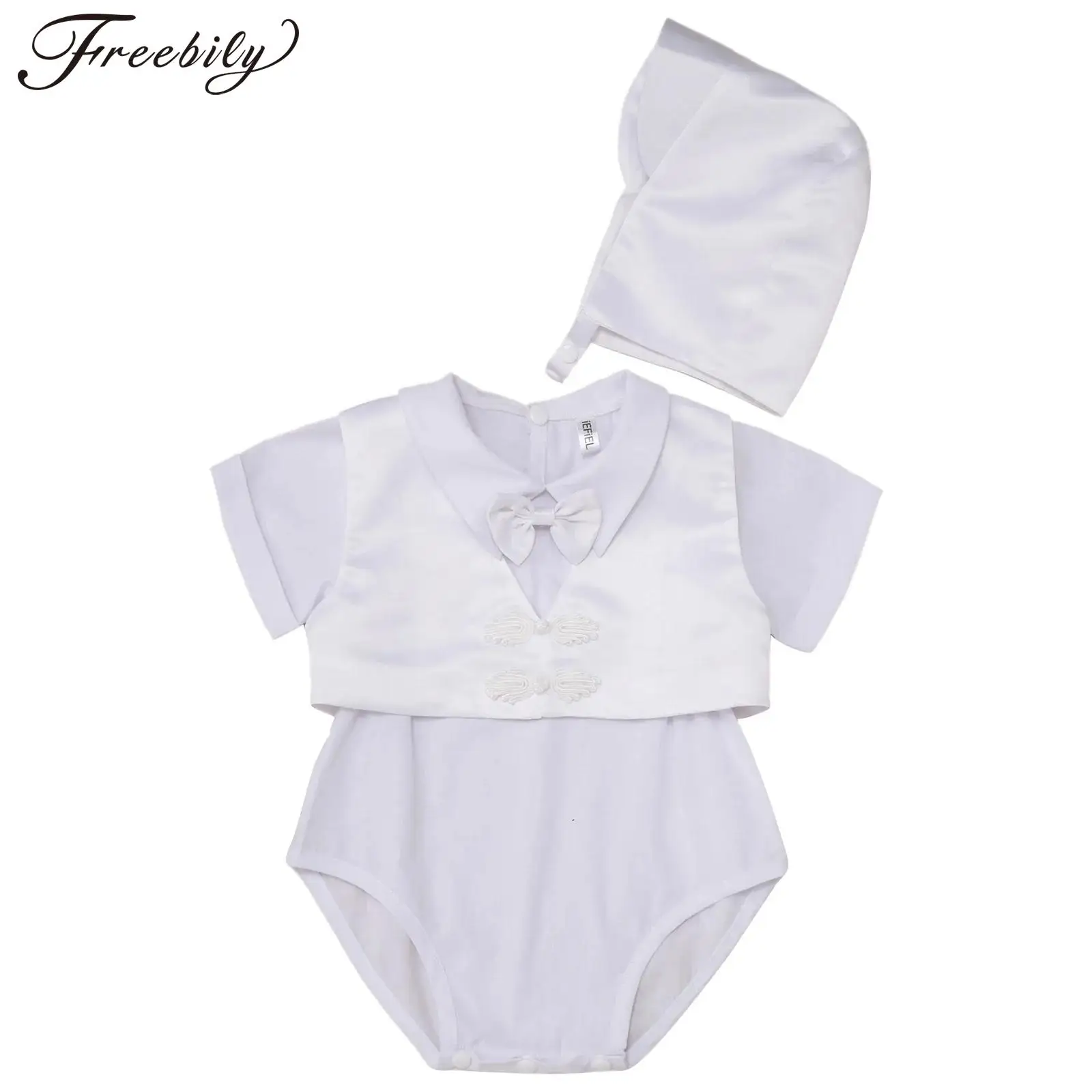 

Infant Baby Boys Christening Clothes Outfits Short Sleeve Lapel Rompers with Vest Hat for Baptism Birthday Party Photography