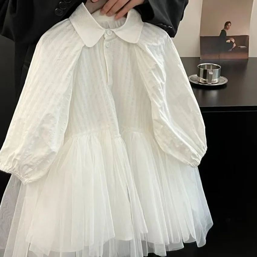 

Girls' Dress 2025 Summer Fashionable Children's New Splicing Mesh Skirt Baby Girl's Temperament Solid Color Shirt Skirt