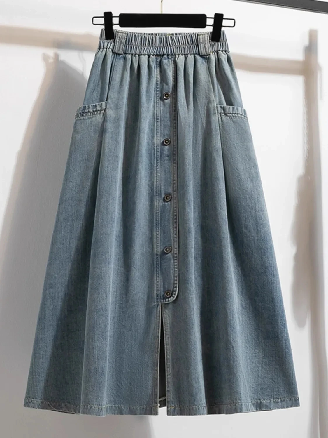 

Джинсовая юбка-миди трапециевидной формы с высокой талией для женщин больших размеров, летняя утягивающая дизайнерская винтажная корейская повседневная одежда с выцветшим эффектом