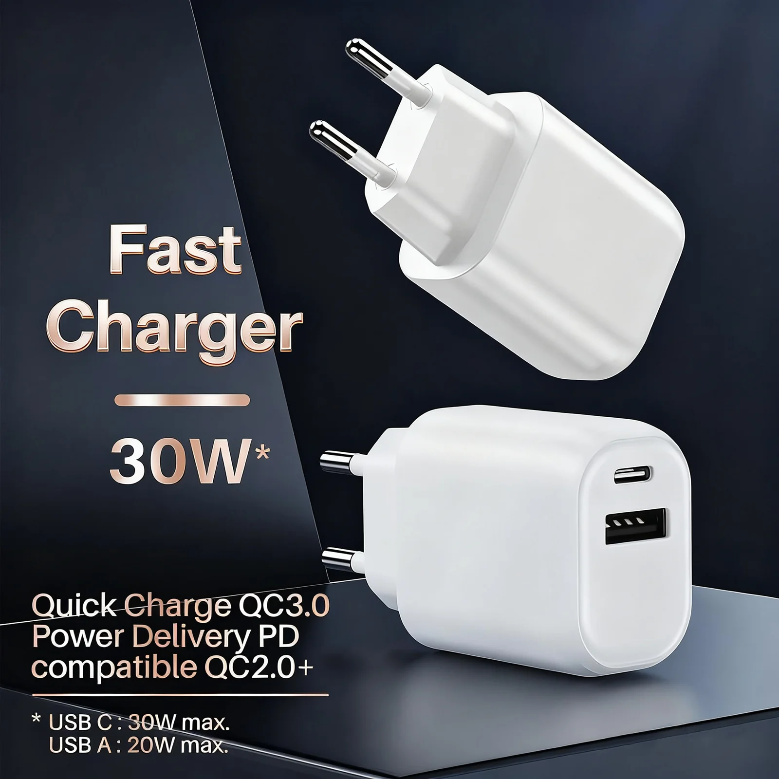 30W Dual USB Charger – USB C & A PD + QC 3.0 Fast Charging Wall Adapter with IC Chip for iPhone iPad Samsung Smartphones Tablets