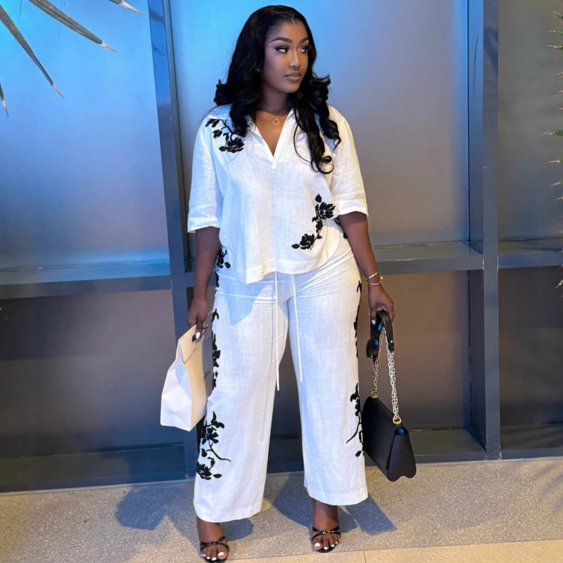 New African Fashion 2026 Floral Printed Women's Set Half Sleeve Blouse Tops and Wide Leg Pants Sets Holiday 2 Piece Set Outfits