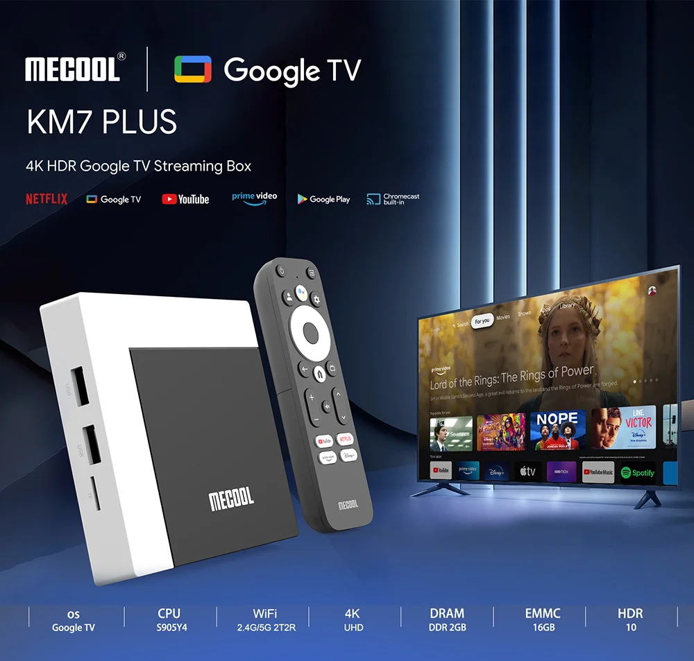 Mecool KM7 Plus ATV Google Certified Android 11.0 TV Box KM7 Amlogic S905Y4 DDR4 Androidtv 11 Dual WiFi 4K Netflix Set Top Box
