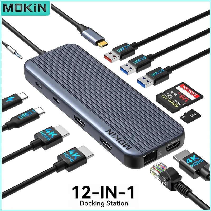 MOKiN 12 in 1 Docking Station 3 HDMI 4K@60HZ SD USB C Hub 10Gbps USB C 3.1 PD 100W 3.5mm Audio for MacBook Pro Air Accesorios