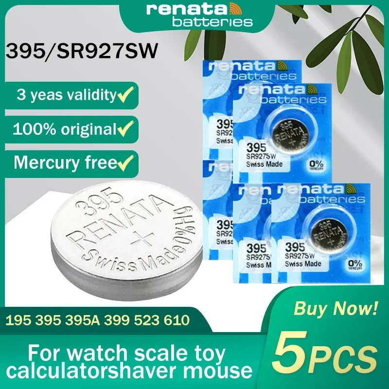 5PCS Original Renata 395 SR927SW AG7 LR927 1.55V Silver Oxide Watch Battery 195 For Toy Scale Watch Swiss Made Button Coin Cells