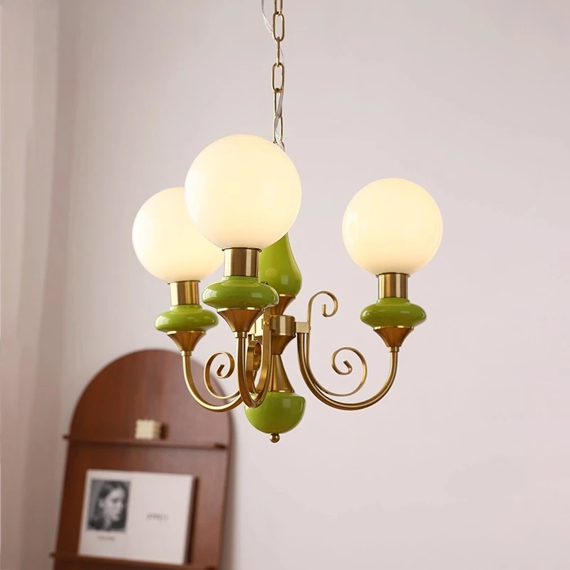 

French Gold Wrought Iron Ceiling Chandeliers White Glass Ball Pendant Light Living Room Bedroom Restaurant Kitchen Hanging Lamp