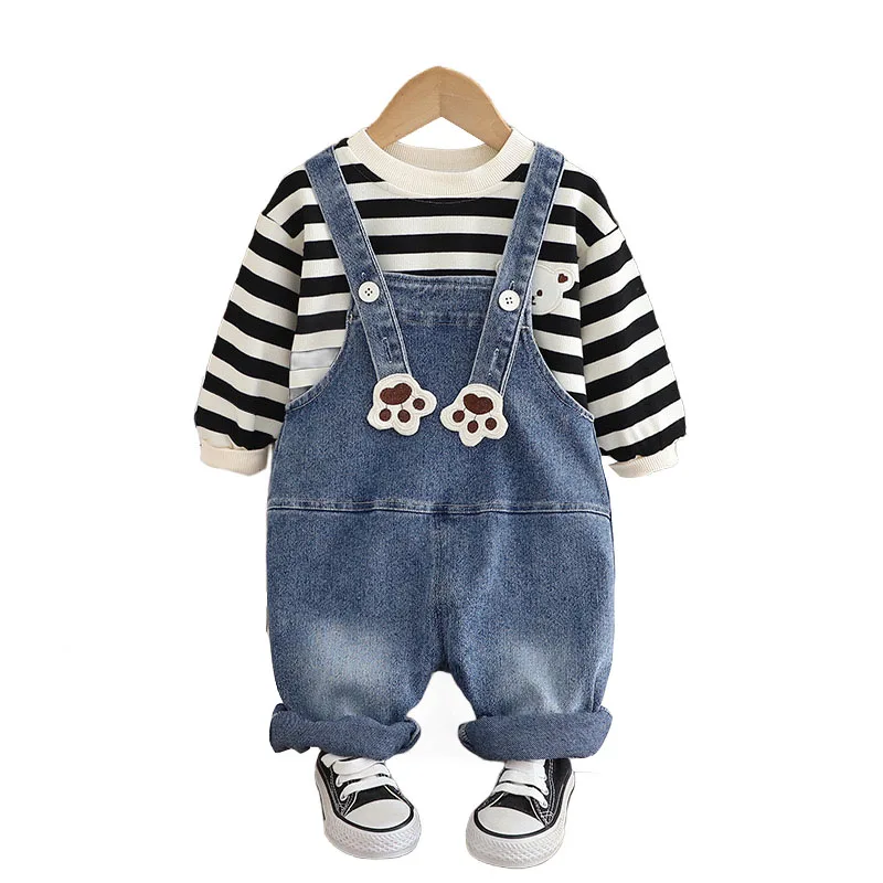 

Toddler Boys Outfits 2024 Fall Baby Boy Clothes 1 To 5 Years Cartoon Striped Long Sleeve T-shirts and Overalls Kids Tracksuits