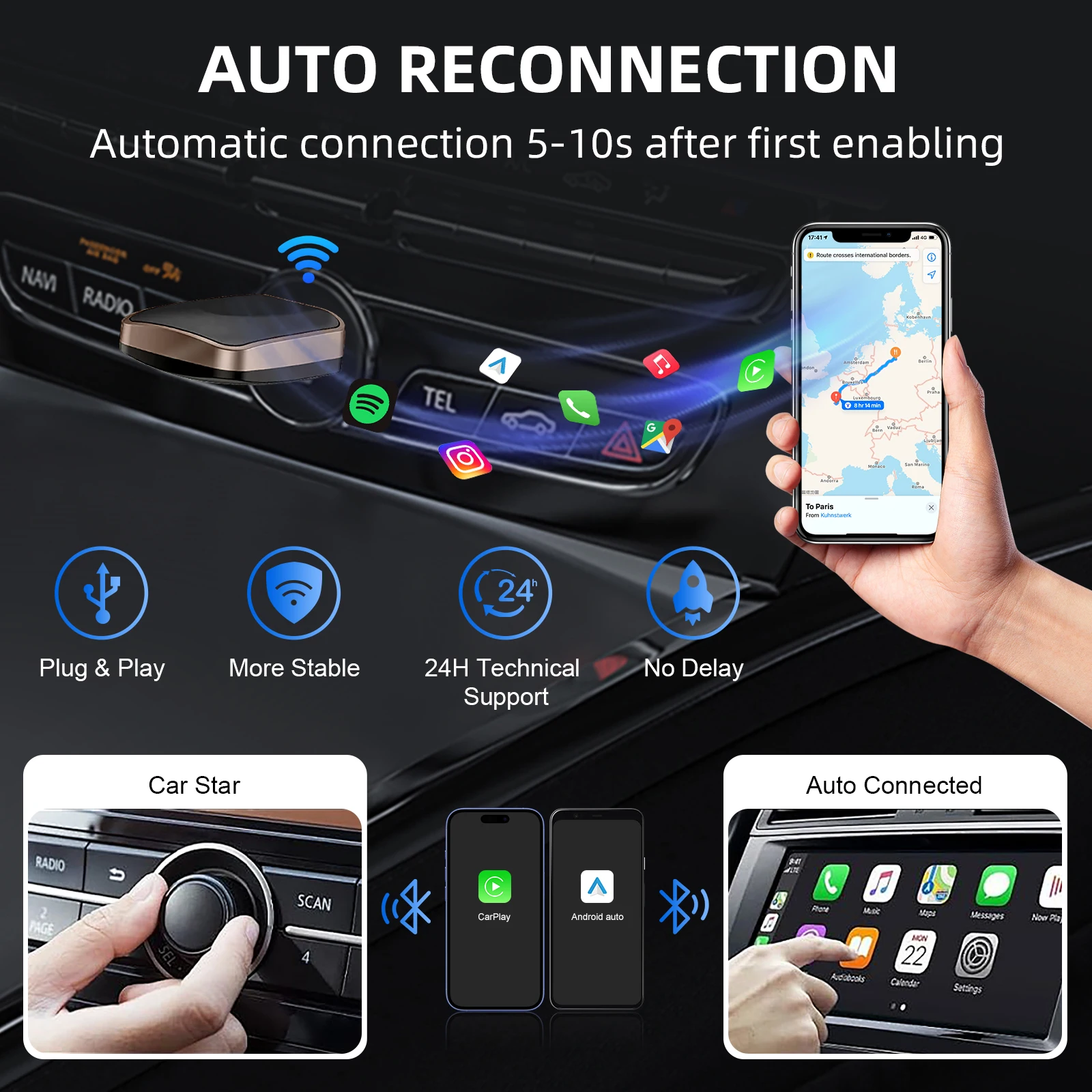 Nova atualização mini adaptador sem fio duplo, com fio para carplay sem fio ou android auto, 2 em 1 carplay android auto para estéreo de carro oem
